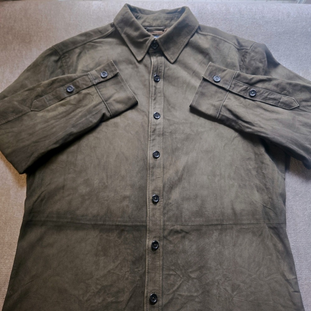 Vtg Polo Ralph Lauren Men Medium Olive Green Suede Leather Shirt Shacket